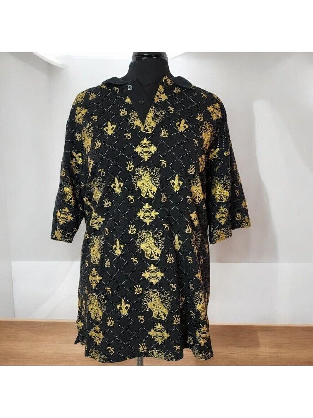 Vintage Avirex Black and Metallic Gold Baroque Polo Fleur-de-Lis - Size XL